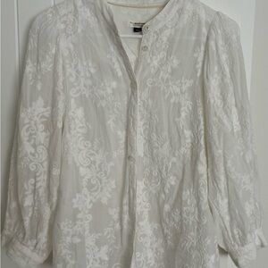 Anthropologie, white lace embroidery, button-down women’s blouse size medium